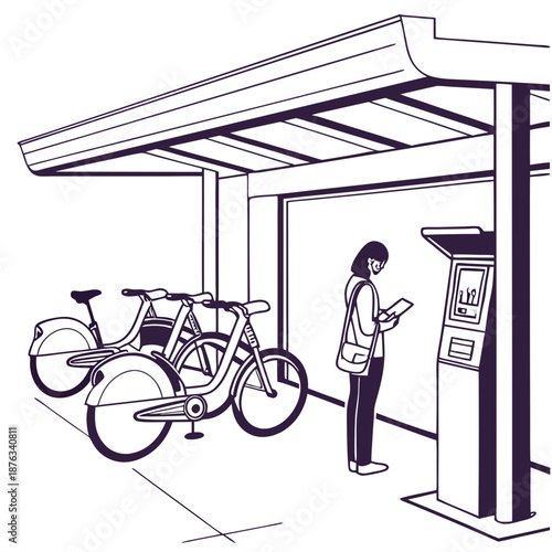Woman Interacting With Bike Share Kiosk.