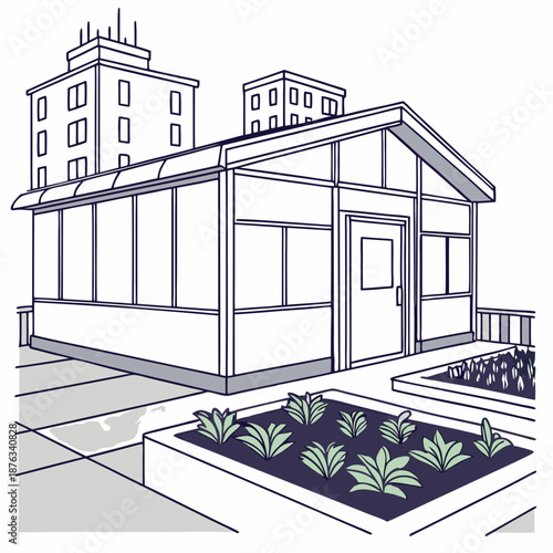 Urban Rooftop Greenhouse with Raised Garden Beds.