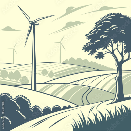Wind Turbines Generating Clean Energy in a Rural Landscape.