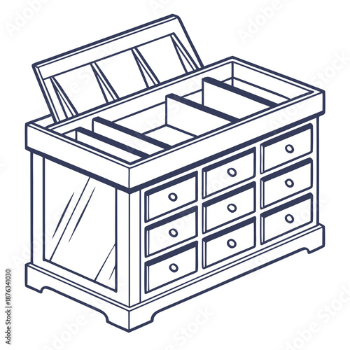 Vintage Wooden Jewelry Box with Compartments and Mirror.