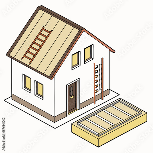 Illustration of a house with ladders and a detached roof section.