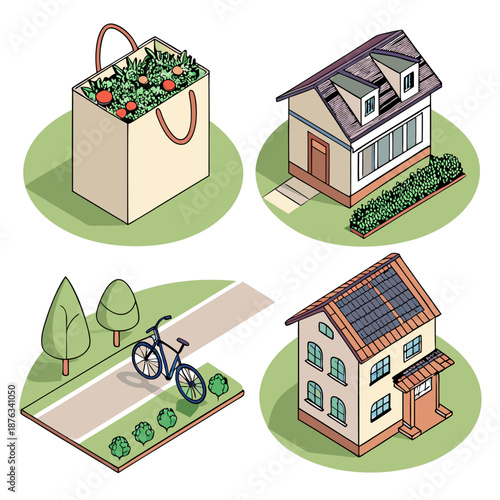 Isometric illustration of a shopping bag a house with dormer windows a bicycle on a path and a house with solar panels.