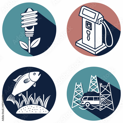 Set of four circular icons representing energy and environment concepts.