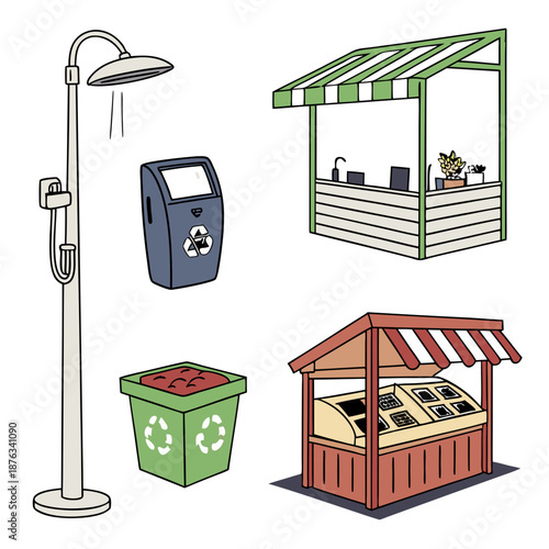 Collection of outdoor amenities and market stalls.