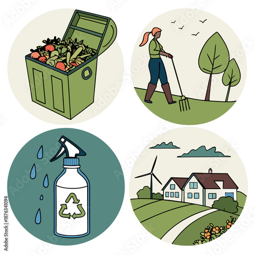 Sustainable living and eco-friendly practices illustration set.