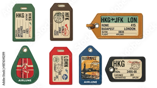 Vintage airline baggage tags displaying destinations and airline logos