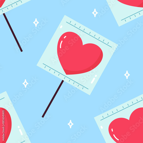 Seamless Heart Lollipop Candy Pattern, Cute Valentine Sweet Vector Background