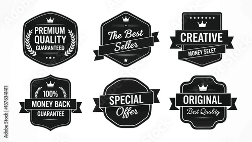 Collection of vintage style black and white quality guarantee badges and labels
