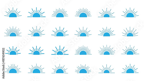 A collection of abstract blue sunrises or bursts arranged in a grid pattern