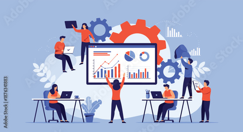Collaborative business team analyzing complex data charts and graphs on a large screen with mechanical gear backgrounds.
