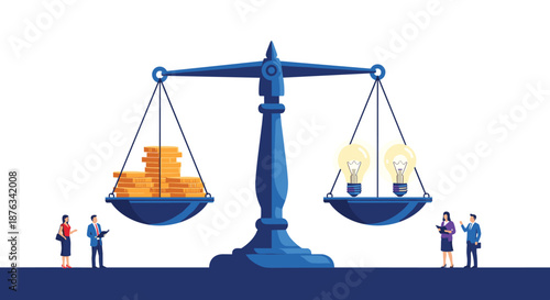 Concept of balancing financial profit and creative ideas shown by a large scale with gold coins and lightbulbs.
