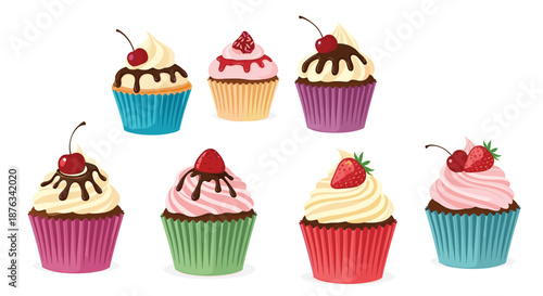 Variety of delicious cupcakes decorated with chocolate frosting, cream, cherries, and fresh organic strawberries.