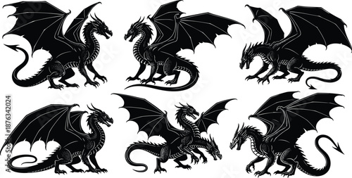 Black dragon silhouette illustration set with flying and standing poses, detailed fantasy creature designs for tattoos, logos, game art, heraldry, and mythical concept illustrations