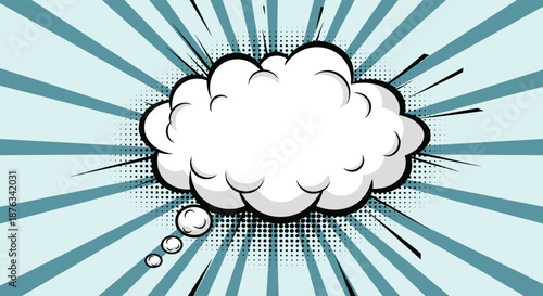 Large comic style thought bubble centered on a bright blue and white radial sunburst background with halftone dots.