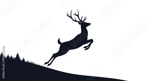 Black silhouette of a majestic deer jumping over a hill with pine trees in the background against a bright sky.