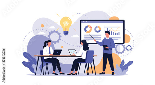 Group of business professionals discussing data charts and innovative ideas around a large glowing yellow lightbulb.