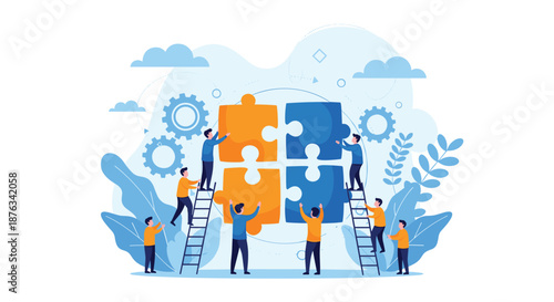 Collaborative team of workers using ladders to complete a large four piece circular puzzle for problem solving.