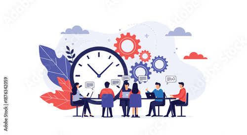 Team of business people collaborating at a table in front of a giant clock and mechanical gears for time management.