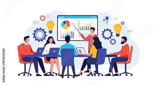 Professional group participating in a strategy meeting with data charts and creative ideas on a large screen.