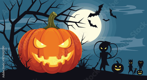 Spooky Halloween night scene with a giant glowing jack o lantern, various monsters, and bats under a full moon.