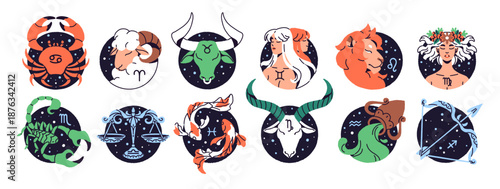 Set of 12 zodiac signs. Twelve symbols of months in circles. Round avatars of astrology horoscope. Icons of Leo, Pisces, Gemini, Scorpio, Aries. Flat isolated vector illustrations on white background