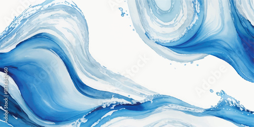 Dynamic Splash of Water Droplets and Bubbles, Blue Watercolor Ocean Wave Abstract for Refreshing Decor