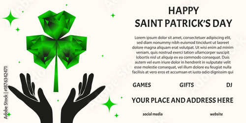 Modern Saint Patrick's Day horizontal ads banner. Modern vector vibrant color Gradient green clover in black hands. Perfect celt irish party promotion banner with bold holiday message. EPS 10