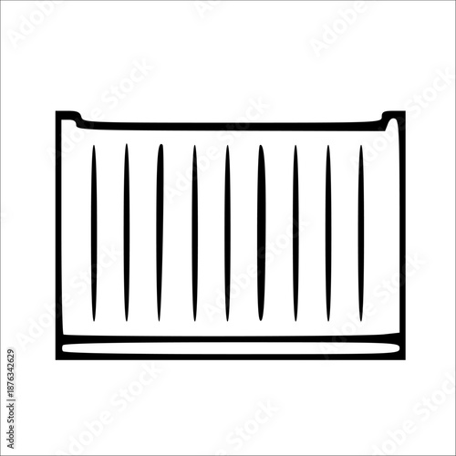 Minimalist black and white line art illustration of a classic baby crib, symbolizing comfort and safety for newborns in a modern nursery setting