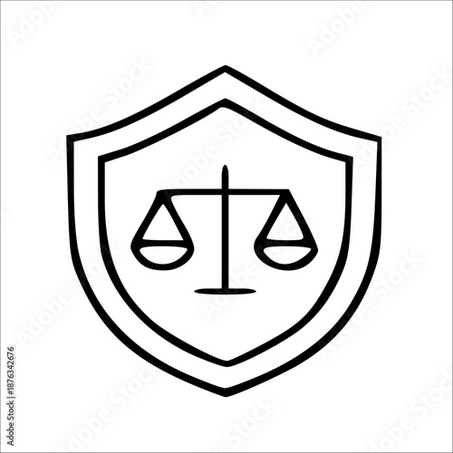 Graphic illustration of legal protection and justice, featuring a classic balance scale symbol securely enclosed within a strong protective shield outline