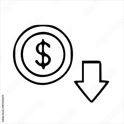Hand-drawn dollar coin with a downward arrow, representing financial decrease, cost reduction, economic depreciation, and falling market value