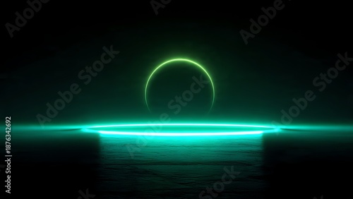 Neon green ring and platform on a dark textured surface