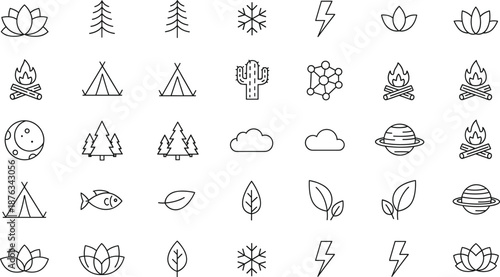 Nature and outdoor icon set featuring trees, leaves, planets, campfires, tents, lightning, clouds, lotus flowers, and wildlife symbols