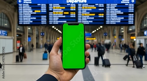 Hand holding smartphone with green screen at train station.