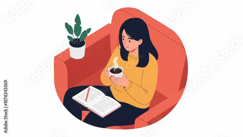 Woman relaxing on a couch with a cup of coffee and a notebook.