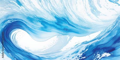 Curving Blue Wave Abstract Illustration with Fine Ink Spray and Foam