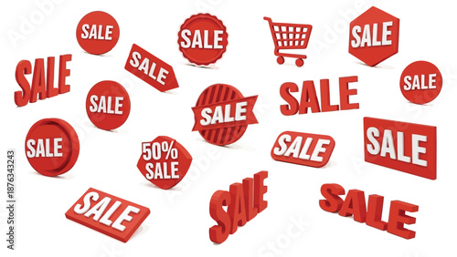 Numerous red sale signs and a shopping cart on a white background
