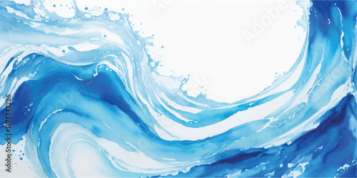 Horizontal Abstract Blue Watercolor Wave Crest with Splashing Foam Texture