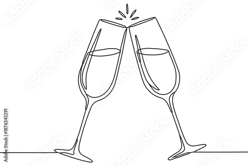 One line champagne glasses toast minimalist outline illustration in black and white