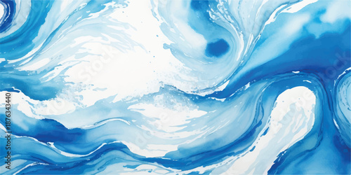 Wide Panoramic Abstract Blue Watercolor Wave with Foam and Spray Detail