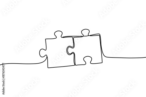 One line puzzle pieces continuous line solution and teamwork illustration