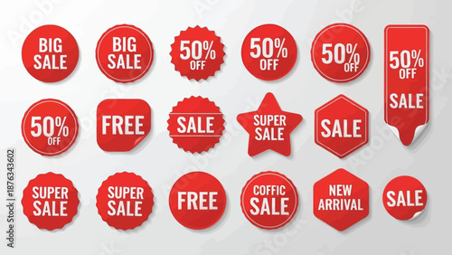 Collection of vibrant red sale badges and promotional stickers for retail offers