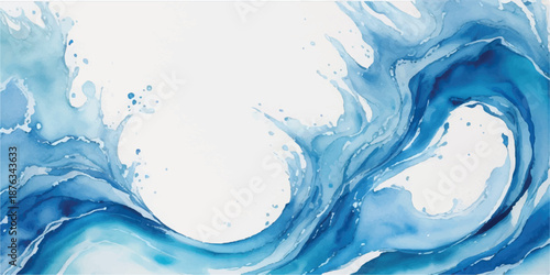 Serpentine Blue Ink Ribbon Flow Abstract Watercolor Texture on White
