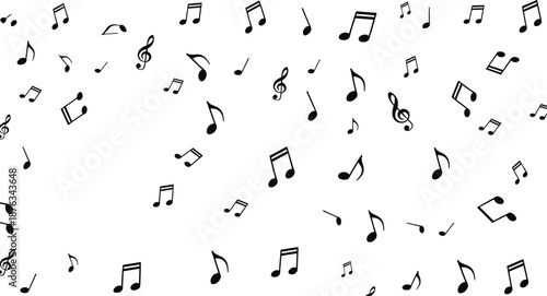 Music notes pattern with treble clefs, rhythm symbols, melody icons, scattered musical elements, seamless decorative music clipart for creative designs