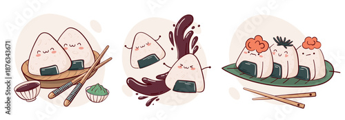 Draw funny kawaii  Japanese onigiri rice balls with nori  vector illustration. Japanese asian food, cooking, menu concept.  Doodle cartoon style.