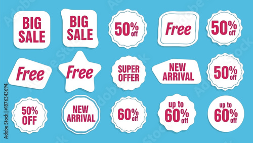 Collection of colorful sale badges and promotional offer labels on a blue background