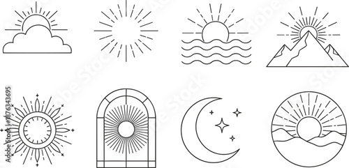 Boho celestial sun and moon line art icons featuring sunrise, sunset, stars, mountains, waves, spiritual nature and cosmic minimal illustrations