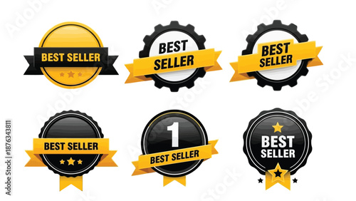 Collection of best seller badges and award ribbons in black and yellow