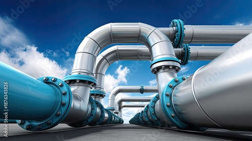 Wallpaper Mural Intricate Industrial Pipelines with Blue Accents Under a Blue Sky and White Clouds Conveying Engineering and Modern Infrastructure Aesthetics Torontodigital.ca