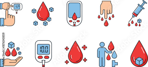 Diabetes medical icons featuring blood drops, glucose meters, insulin syringe, sugar cubes, finger testing, health monitoring, diabetic care illustrations