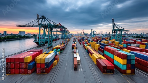 Wallpaper Mural Container Ship Yard at Dusk with Colorful Cargo Containers and Heavy Cranes under Dramatic Sky and City Skyline in Background Torontodigital.ca